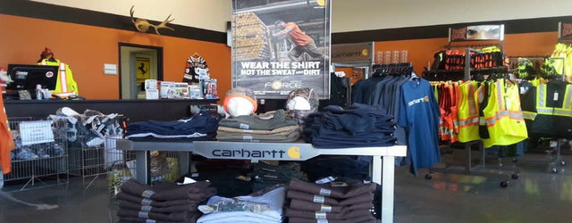 Carhartt products displayed at Lucier Glove & Safety retail store in Windsor, Ontario
