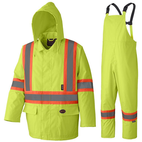 2 pieces: hooded jacket and bib pant, fold into storage pouch 100% waterproof polyester/PVC CSA Z96-09 Class 1 Level 2 Taped and heat sealed seams Jacket: back vents, adjustable hem, 2 large front cargo pockets Hood folds and zips into collar Bib Pant: Premium adjustable elastic suspenders with quick-release clips